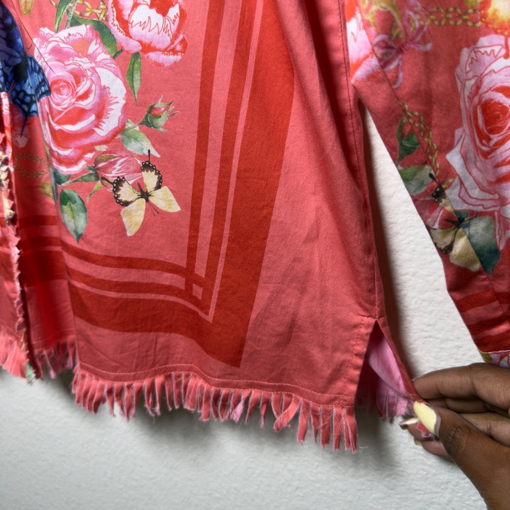 Ali Miles Womens 100% Cotton Button Up Shirt L Pink Floral Butterfly Fringe Trim - Picture 3 of 10